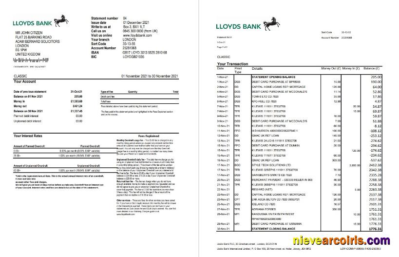 United Kingdom Lloyds bank statement in Excel and PDF format (2 pages)